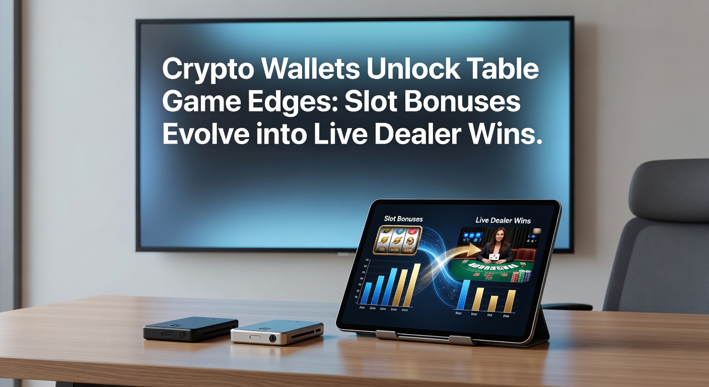 Digitale Darstellung einer Krypto-Wallet, die Slot-Boni und Tischspiel-Chips freischaltet, mit Live-Dealer-Tischen im Hintergrund
