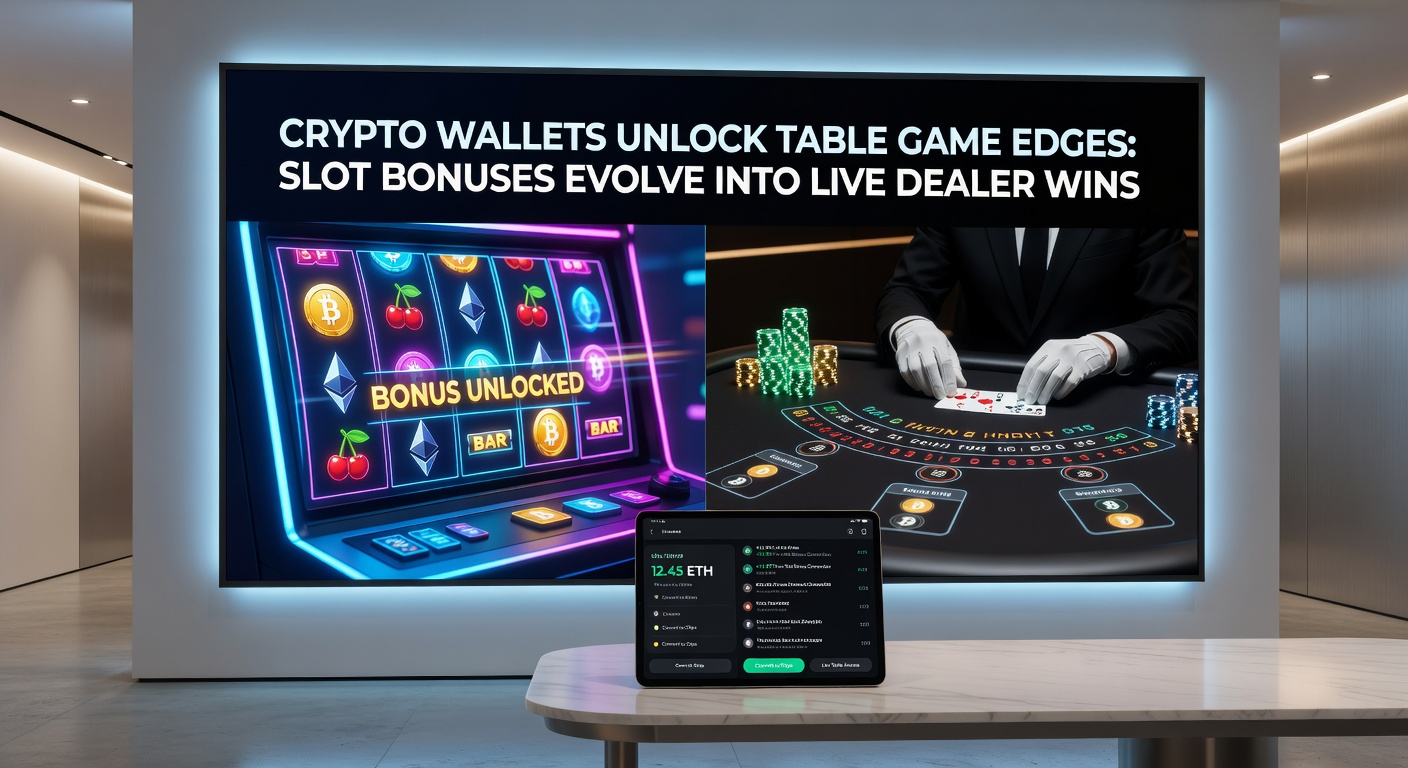 Live-Dealer-Tisch mit Krypto-Wallet-Integration, Slot-Boni als Chips dargestellt und Gewinnmultiplikatoren im Vordergrund
