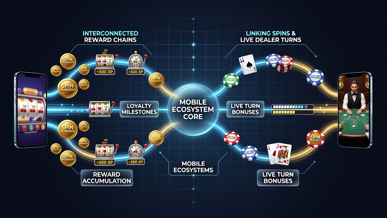 Mobile App-Oberfläche mit verknüpften Belohnungsketten zwischen Slots und Live-Tischen
