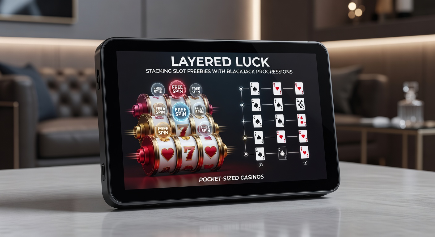Blackjack-Tisch auf Smartphone-Display mit überlagerten Slot-Free-Spin-Symbolen und Progressionsdiagramm