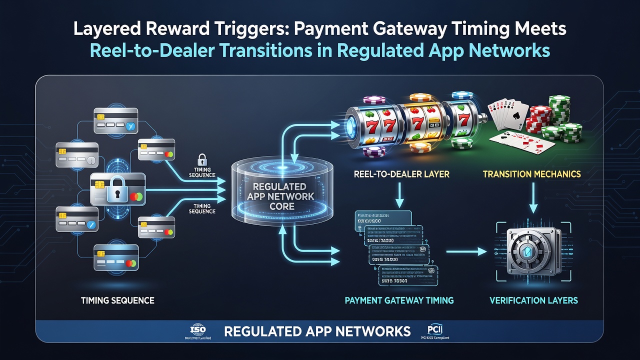 Darstellung von gestaffelten Belohnungsauslösern mit Zahlungsgateway-Timing und Übergängen von Walzen zu Dealern in regulierten App-Netzwerken