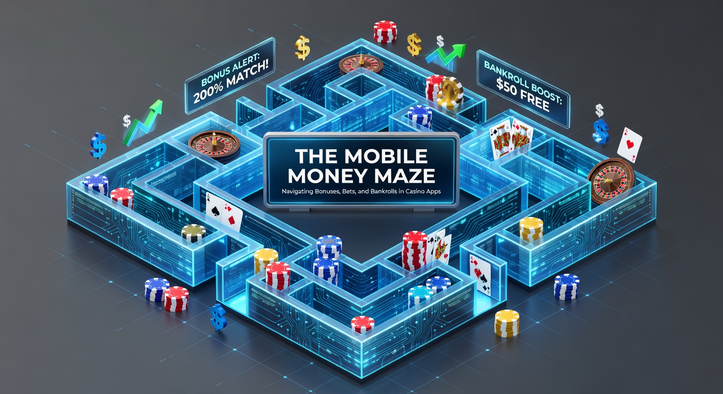 Grafik eines labyrinthartigen Pfads mit Smartphone, Münzen, Bonus-Symbolen und Wettoptionen, die den Weg durch mobile Casino-Finanzströme visualisieren